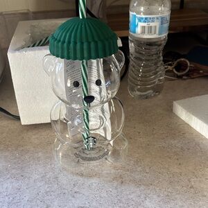 Starbucks Clear Bear Cup with Green Lid and Striped Straw